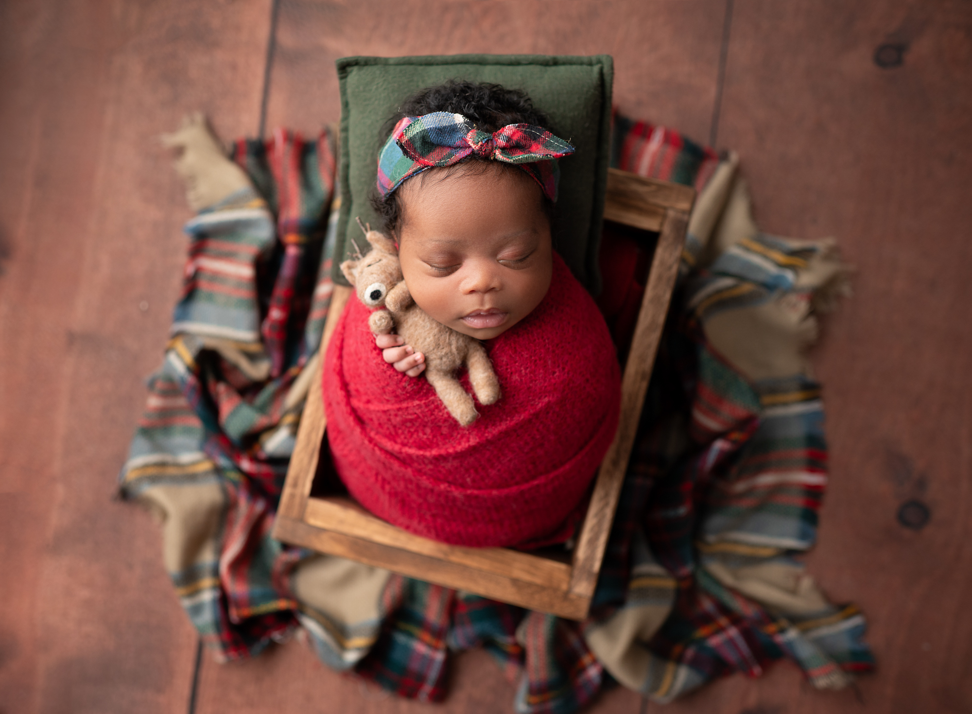 holiday baby portraits baby girl with Christmas headband and reindeer lovey