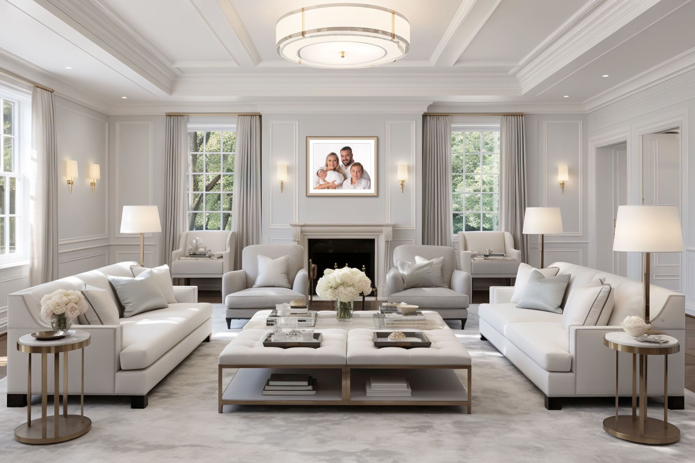 Potomac, MD portrait photography - sample living room with large framed portrait on the wall above the fireplace